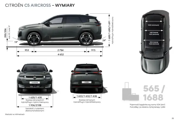 Citroën C5 Aircross wymiary: długość 4652 mm, rozstaw osi 2784 mm, wysokość 1690 mm. Bagażnik 565/1688 dm³.