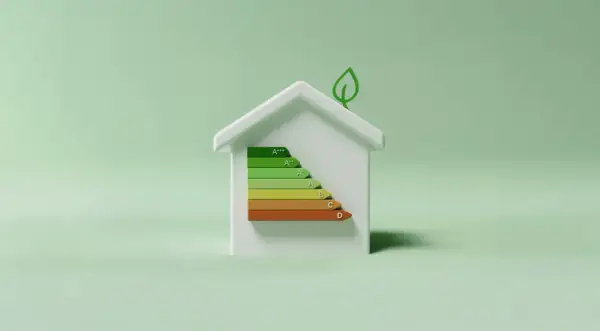 Casa blanca con escala de eficiencia energética, destacando la aerotermia CE3X para un hogar sostenible.