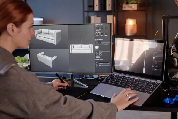Kobieta projektuje meble 3D na komputerze, używając tabletu graficznego.