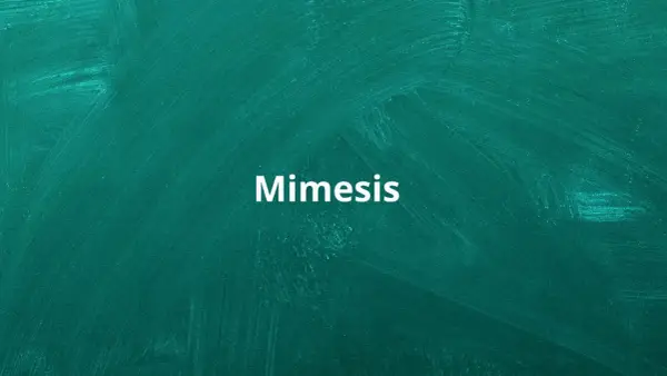 Biały napis "Mimesis" na zielonej tablicy. To pojęcie kluczowe dla zrozumienia, jak literatura naśladuje rzeczywistość.