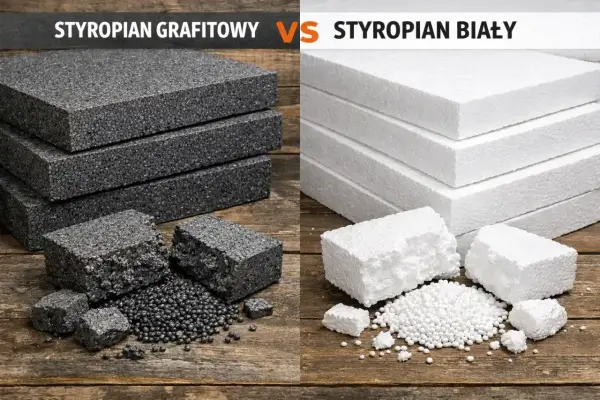 Styropian grafitowy i biały EPS na drewnianym tle. Różnice w strukturze i granulacji materiałów izolacyjnych.