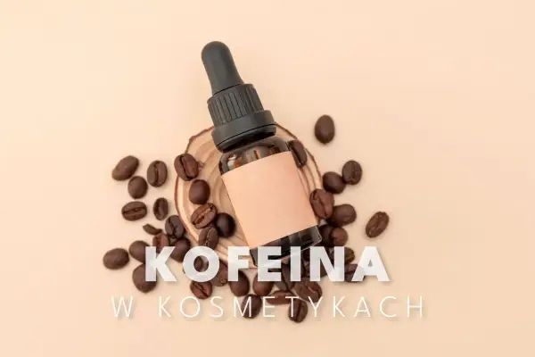 Kofeina w kosmetykach: buteleczka z pipetką i ziarna kawy, sugerujące pielęgnację włosów.