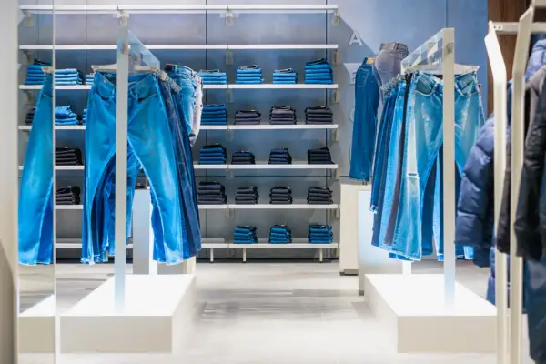 Sklep z jeansami G-Star RAW. Wieszaki uginają się pod ciężarem niebieskich spodni, na półkach poukładane są kolejne pary.