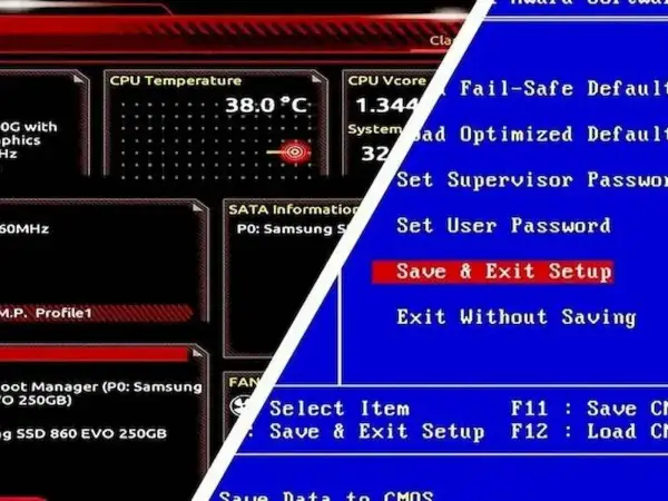 Ekran BIOS-u z informacjami o temperaturze CPU i opcjami, w tym "Save & Exit Setup", co jest kluczowe, gdy zastanawiasz się, jak zaktualizować BIOS.