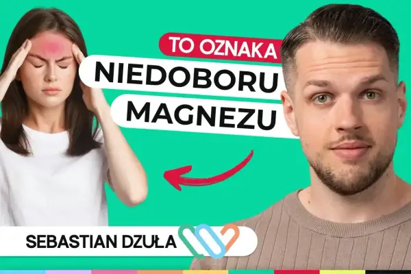 Kobieta z bólem głowy, wskazujący na objawy niedoboru magnezu. Obok mężczyzna, Sebastian Dżuła.