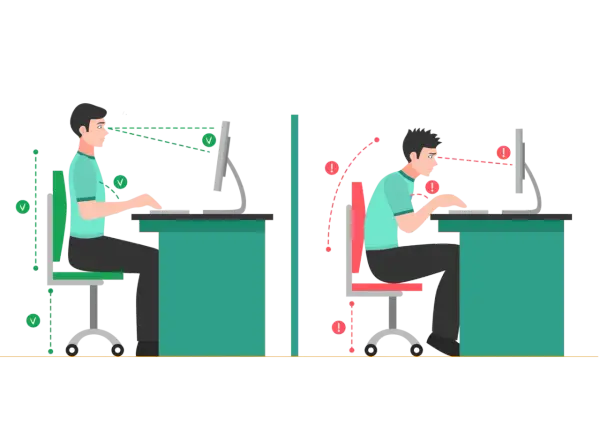 Prawidłowa ergonomia pracy przy komputerze: wyprostowana postawa, wzrok na linii ekranu. Zła postawa: garbienie się, oczy poniżej ekranu.
