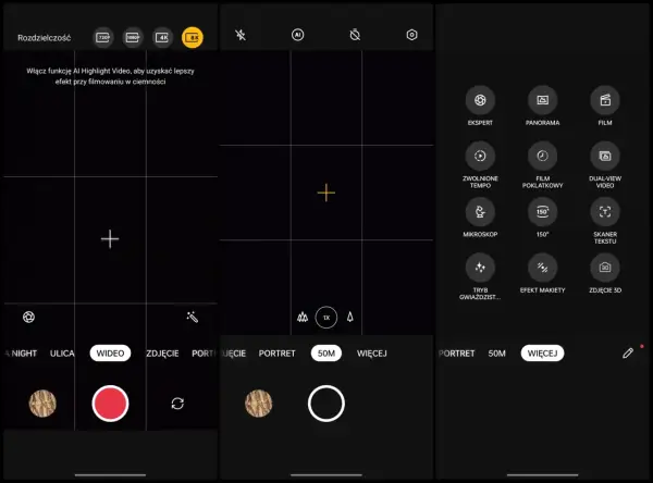 Interfejs realme UI aparatu z opcjami nagrywania wideo, w tym 8K, trybem nocnym i eksperckim.