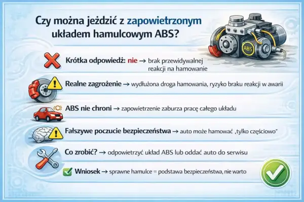 Zapowietrzony ABS? Nie jeździj! To wydłuża drogę hamowania i grozi brakiem reakcji. ABS co to? System bezpieczeństwa, który nie działa przy zapowietrzeniu. Napraw auto!
