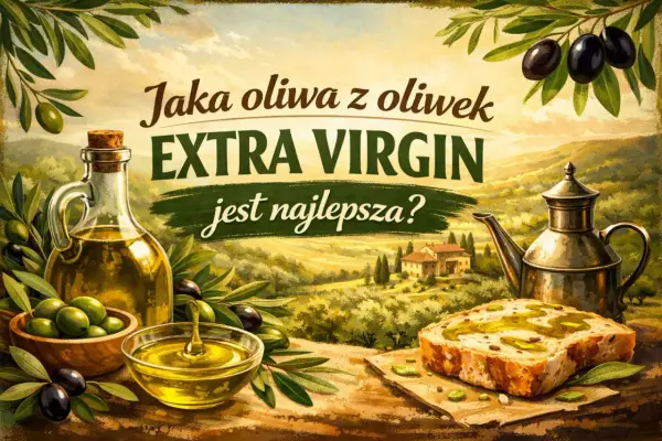 Jaka oliwa z oliwek EXTRA VIRGIN jest najlepsza? Butelka, miseczka i chleb z oliwą na tle śródziemnomorskiego krajobrazu.