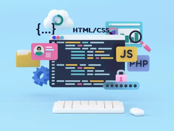 Kreatywny frontend: kod HTML/CSS, JS, PHP, chmura, lupa, klawiatura i myszka symbolizują tworzenie stron internetowych.