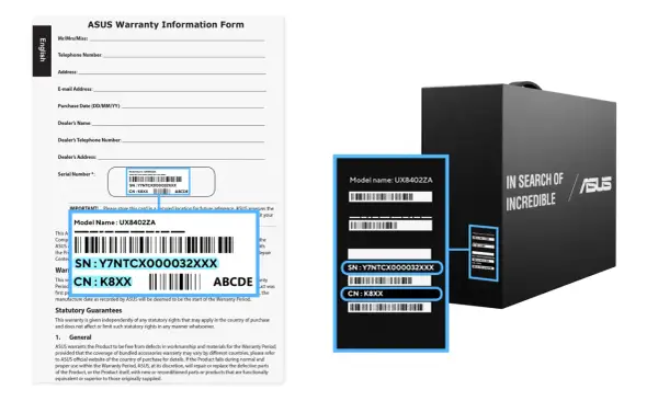 Formularz gwarancyjny ASUS z numerem seryjnym laptopa: SN: Y7NTCX000032XXX, CN: K8XX.