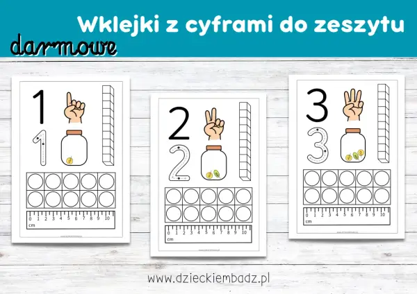 Darmowe naklejki z cyframi do zeszytu: karty pracy z cyframi 1, 2, 3, do nauki liczenia i pisania.