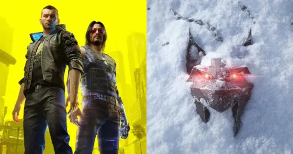 Dwie postacie z gry Cyberpunk 2077 od CD Projekt RED na tle żółtego miasta i mechaniczny wilk z czerwonymi oczami w śniegu.