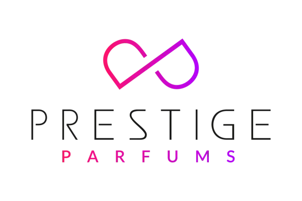Logo luksusowe marki Prestige Parfums. Symbol nieskończoności w gradientach różu i fioletu nad napisem.