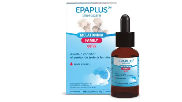 Gotas de melatonina familiar EPAPLUS Sleepcare, el mejor suplemento para dormir, con sabor a frutas para toda la familia.