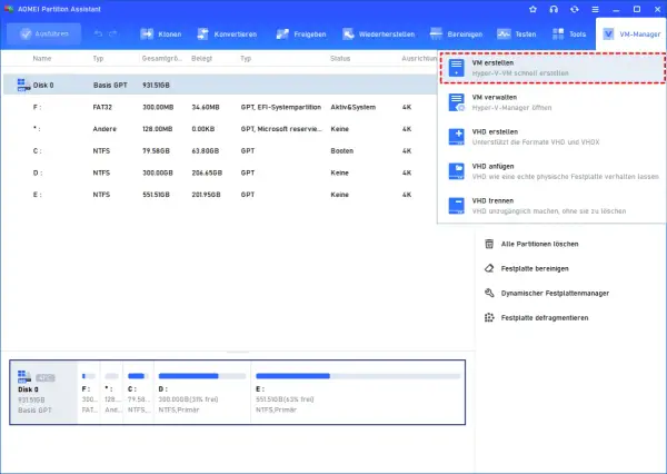 AOMEI Partition Assistant zeigt Optionen zur Verwaltung von virtuellen Maschinen, einschließlich "VM erstellen" für eine virtuelle Maschine Windows 10.