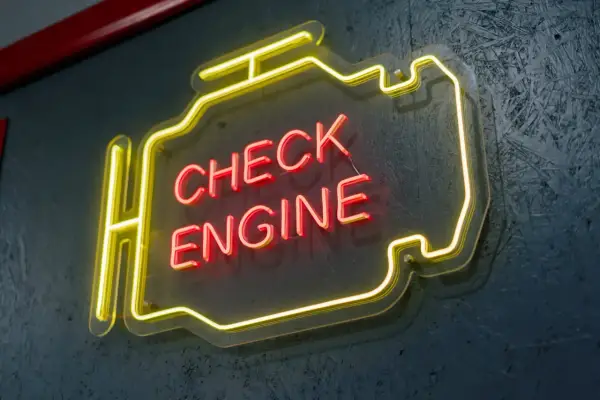 Neonowy napis "CHECK ENGINE" w kształcie silnika, świecący na czerwono i żółto, ostrzega przed awarią.