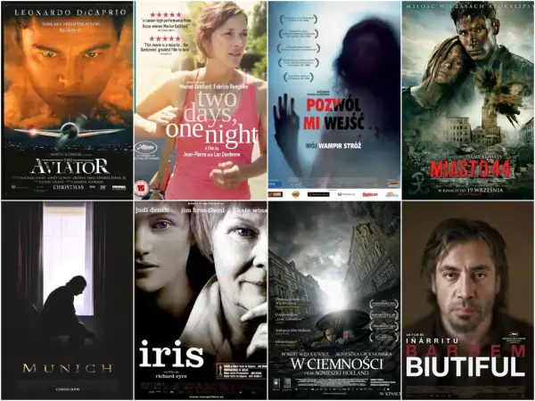 Kolaż plakatów filmowych: "Aviator", "Dwa dni, jedna noc", "Pozwól mi wejść", "Miasto 44", "Monachium", "Iris", "W ciemności", "Biutiful". Bardzo dobry film to "Miasto 44".