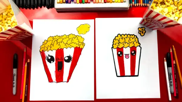 Deux adorables dessins de pop-corn, un avec une bouche ouverte et un autre tirant la langue, prêts à être colorés.