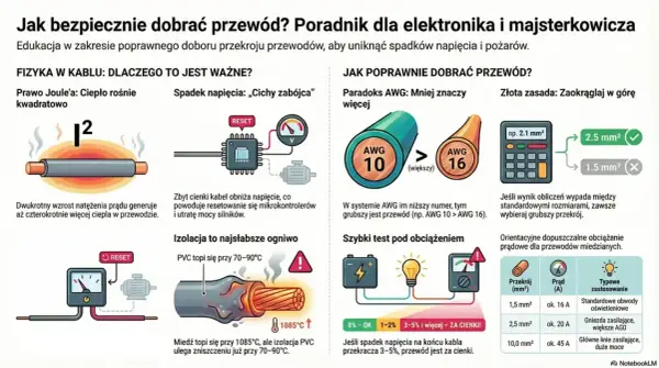 Wykres porównuje przekroje przewodów, pokazując, że grubszy przewód (np. 2.5 mm²) jest lepszy niż cieńszy (1.5 mm²), podobnie jak śruba 8.8 wytrzymałość jest kluczowa.