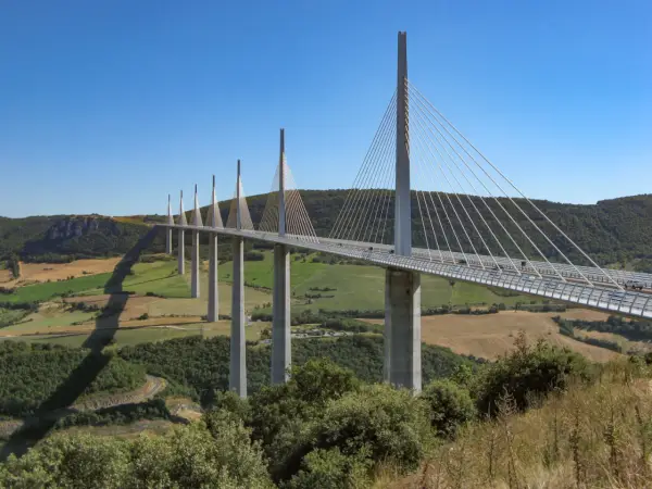 El viaducto de Millau, una maravilla de la ingeniería, se alza majestuoso sobre un valle verde. Su construcción desafía la gravedad.