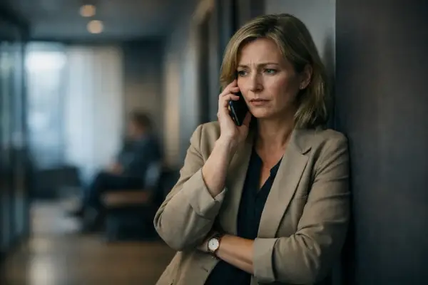 Zmartwiona kobieta rozmawia przez telefon, martwiąc się o odsetki ustawowe.