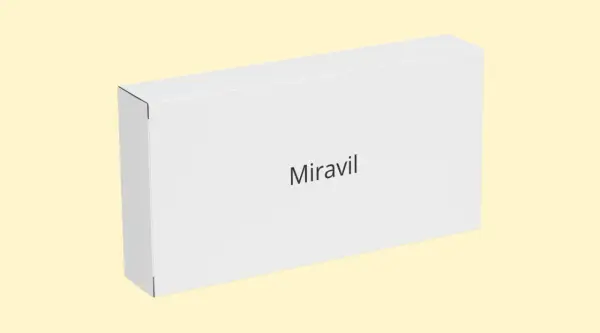 Białe pudełko z napisem "Miravil" na jasnym, żółtym tle.