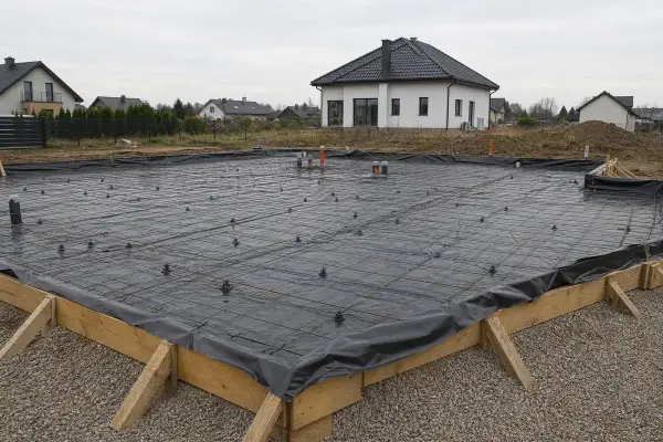 Przygotowane wykopy pod fundamenty, zbrojenie i izolacja przeciwwilgociowa czekają na beton. W tle domy jednorodzinne.