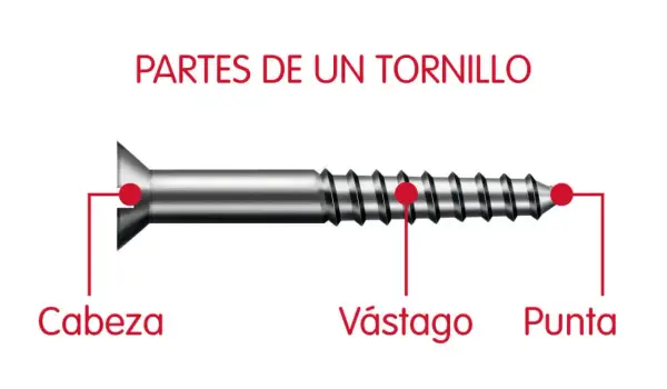 Ilustración de las partes de un tornillo: cabeza, vastago y punta. Así se explica para que sirve el tornillo, uniendo materiales.