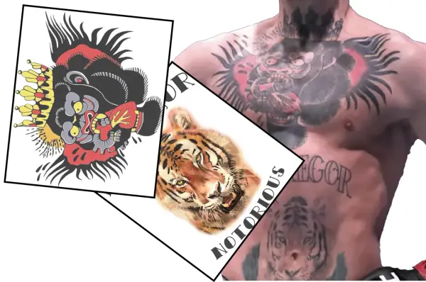 Stylizowany tatuaż mma z głową goryla i tygrysem, obok tatuaż z napisem "NOTORIOUS" i tygrysem na klatce piersiowej.