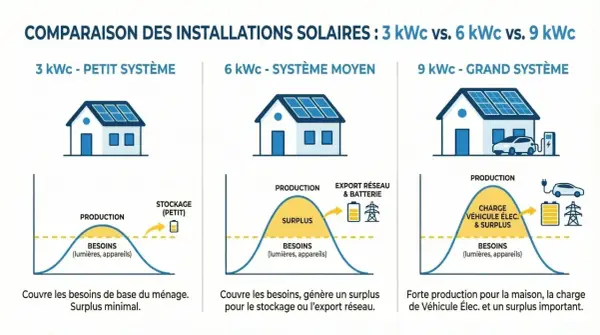 Comparaison de la puissance panneau solaire : 3, 6 et 9 kWc. Le système 9 kWc offre une forte production pour la maison, la recharge de véhicule électrique et un surplus important.