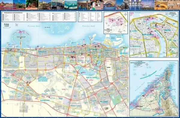 Mapa Dubaju z zaznaczonymi atrakcjami, Palm Jumeirah i Zatoką Perską.