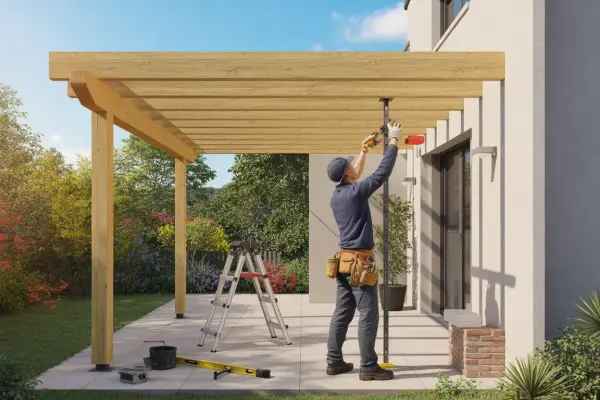 Pose d'une fixation de tonnelle sur terrasse. Un ouvrier ajuste la structure en bois avec des outils.