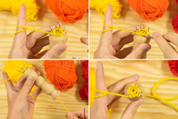 Schritt-für-Schritt-Anleitung zum Herstellen eines Strickliesel-Armbands mit gelbem Garn.