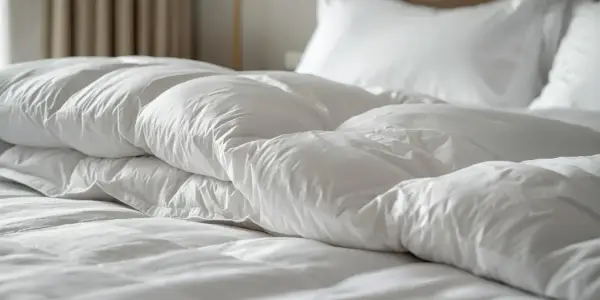 Biała, puszysta kołdra i poduszki na hotelowym łóżku.