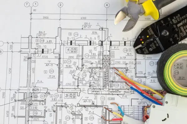 Na schemacie elektrycznym widać narzędzia, taśmę izolacyjną i przewody. Kabel uziemienia ma kolor żółto-zielony.