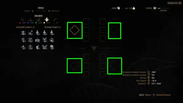 Wiedźmin 3 poradnik: ekran postaci z drzewkiem umiejętności i statystykami. Dostępne 42 punkty rozwoju.