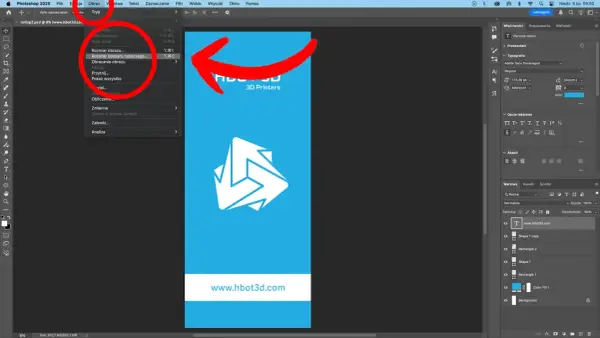 Grafika w formacie **eps** z niebieskim tłem, logo 3D Printers i adresem www.hbot3d.com. W menu widoczny podmenu "Rozmiar obszaru roboczego".
