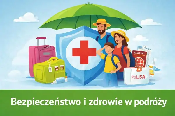 Rodzina pod parasolem ochrony z bagażem, apteczką i paszportem.