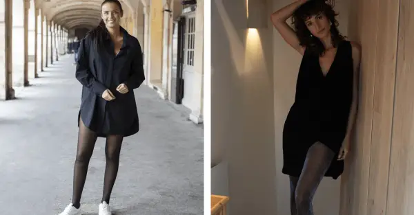 Deux femmes portent des tenues noires, l'une avec une robe chemise et des collants noirs opaques, l'autre avec une robe sans manches et des collants scintillants.