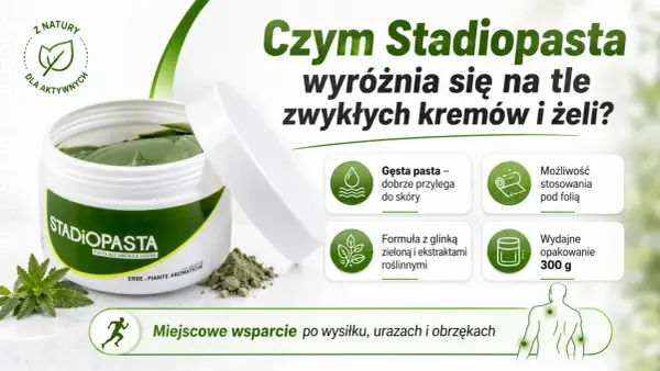 Stadiopasta jak stosować? Gęsta, zielona pasta z glinką i ekstraktami roślinnymi, idealna do stosowania pod folię. Wsparcie po wysiłku.