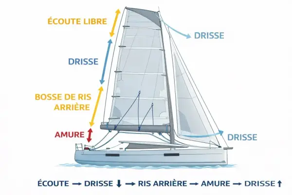 Schéma d'un voilier montrant le réglage de la grand-voile. La bosse de ris arrière est utilisée pour réduire la voilure.