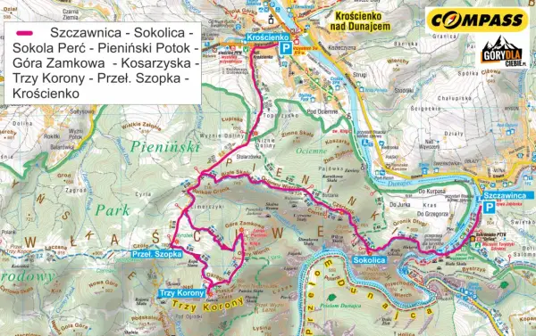 Mapa turystyczna Pienin z zaznaczonymi szlakami, w tym trasą na Trzy Korony i Sokolicę.