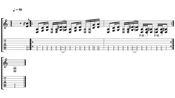 Partition de guitare avec indication de tempo J=90. La tablature montre une séquence de notes, incluant des "X" pour les cordes étouffées, et des indications de "P.M." (palm mute). Le "drop d" est suggéré par la position des notes.