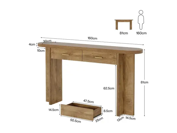 Ett elegant konsolbord med lådor i träimitation. Perfekt för hallen eller som avlastningsbord. Måttangivelser finns för enkel planering.