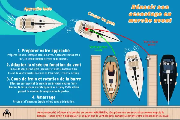 Illustration expliquant l'amarrage d'un voilier en marche avant. Étapes : approche lente, adaptation à la visée du vent, coup de frein et rotation de la barre, puis amarrage.