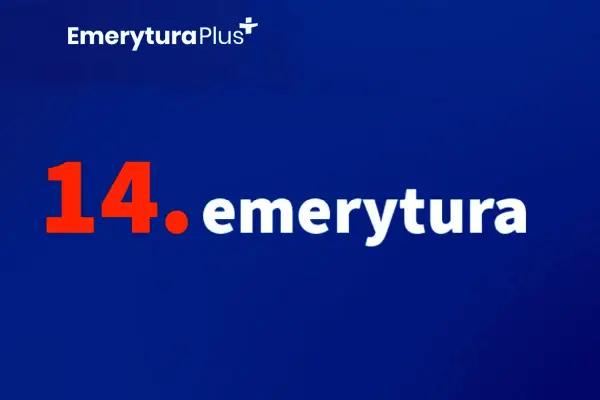 14. emerytura - dodatkowe wsparcie dla seniorów. Logo "Emerytura Plus" na granatowym tle.