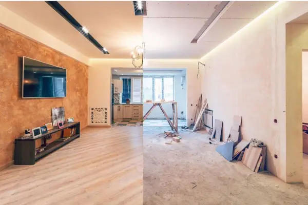 Remont starego domu od czego zacząć? Podzielony obraz pokazuje salon po remoncie i stan surowy.