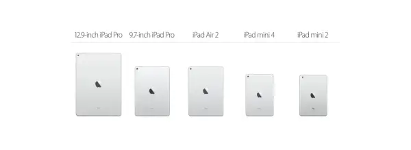 Pięć tabletów Apple od największego do najmniejszego: 12,9-calowy iPad Pro, 9,7-calowy iPad Pro, iPad Air 2, iPad mini 4 i iPad mini 2.