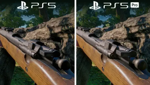 Porównanie grafiki War Thunder na PS5 i PS5 Pro. Widok z perspektywy pierwszej osoby na karabin w lesie.